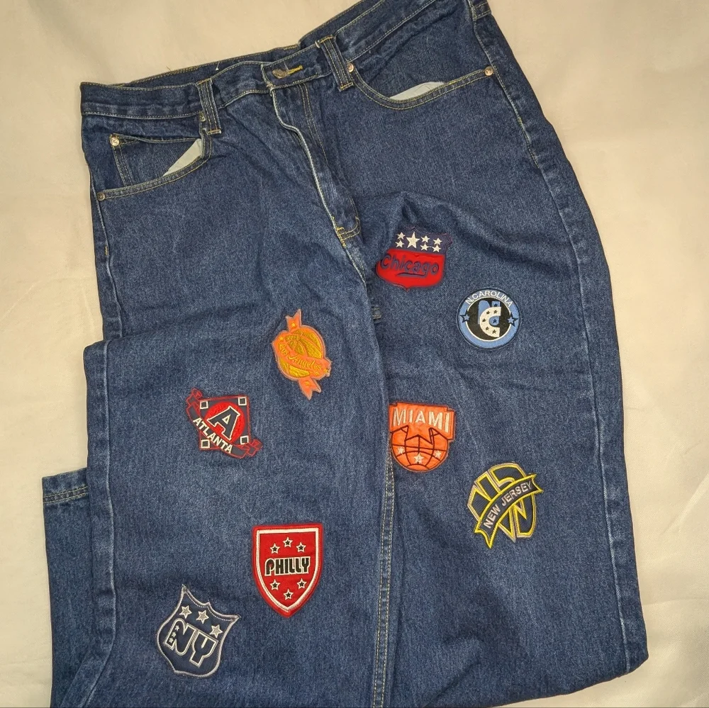 Y2K Unc Baggy Wide Leg NBA Patchwork Jeans - Picture 8 of 14
